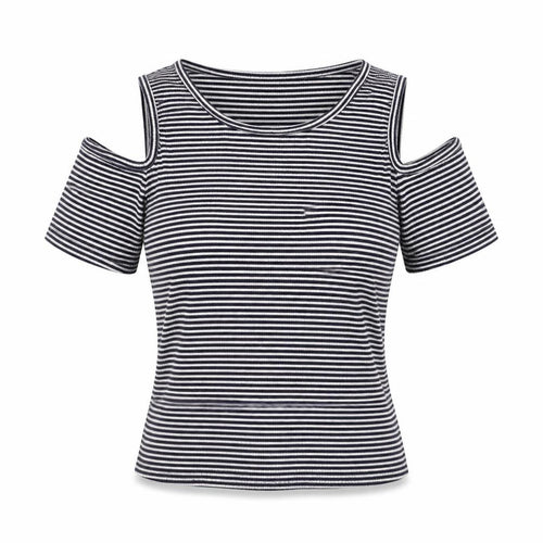 Cotton On Womens Black Striped Cold Shoulder T-Shirt Size L