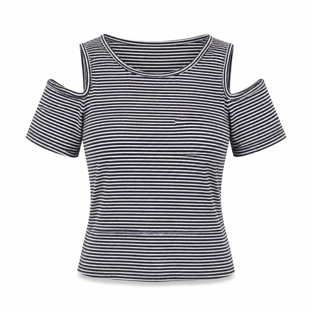 Cotton On Womens Black Striped Cold Shoulder T-Shirt Size L