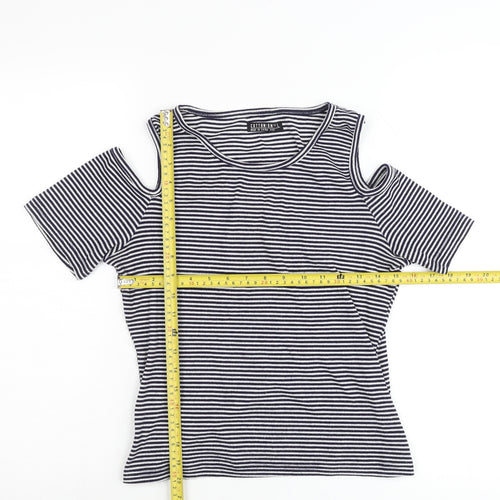 Cotton On Womens Black Striped Cold Shoulder T-Shirt Size L