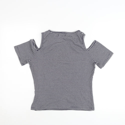 Cotton On Womens Black Striped Cold Shoulder T-Shirt Size L