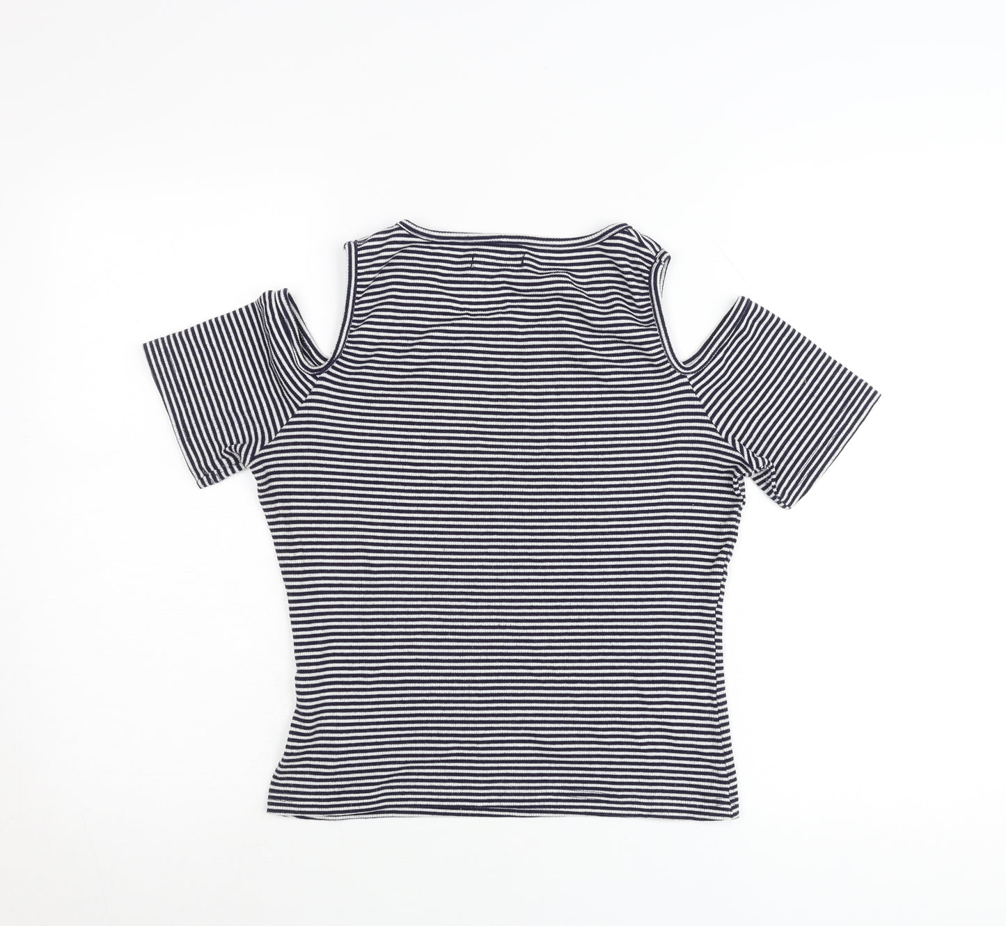 Cotton On Womens Black Striped Cold Shoulder T-Shirt Size L