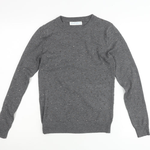 Primark Women’s Grey Studded Crew Neck Pullover Jumper 2XS