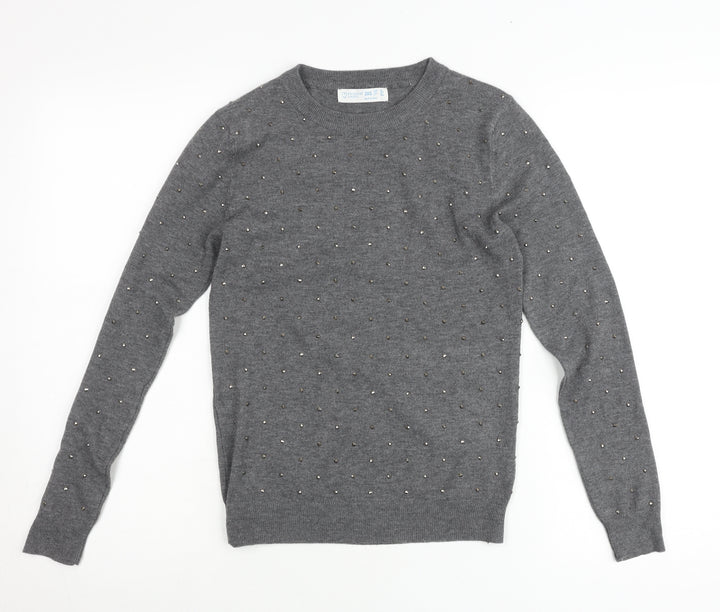 Primark Women’s Grey Studded Crew Neck Pullover Jumper 2XS