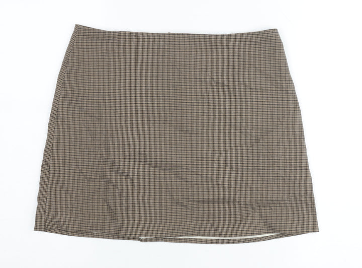 H&M Women Brown Check Pencil Skirt Size 14 Workwear Tweed Knee Length