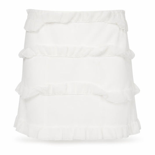 Front view of PRETTYLITTLETHING Petite Women’s White Mini Ruffle Skirt, size UK 10