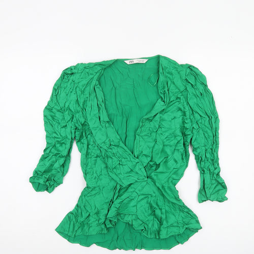 Zara Women Green Wrap Blouse Size S Viscose Long Puff Sleeve