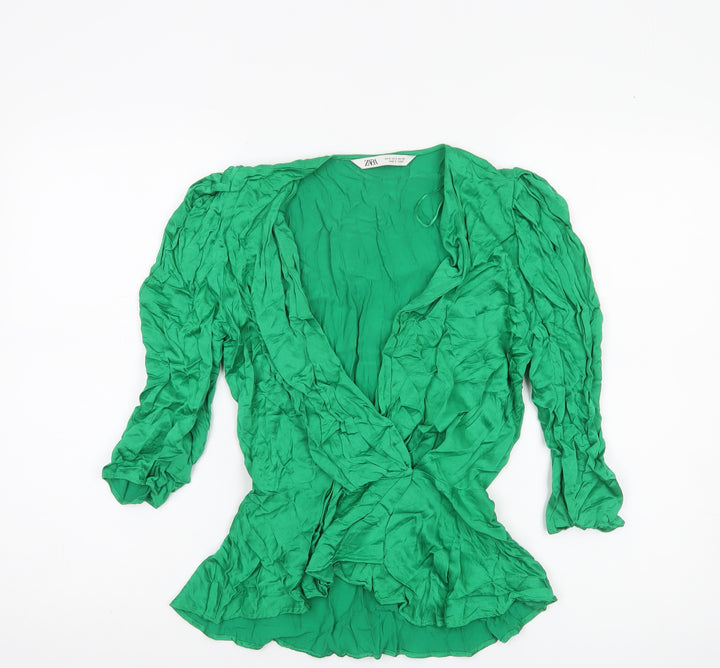 Zara Women Green Wrap Blouse Size S Viscose Long Puff Sleeve