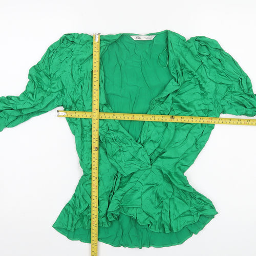 Zara Women Green Wrap Blouse Size S Viscose Long Puff Sleeve