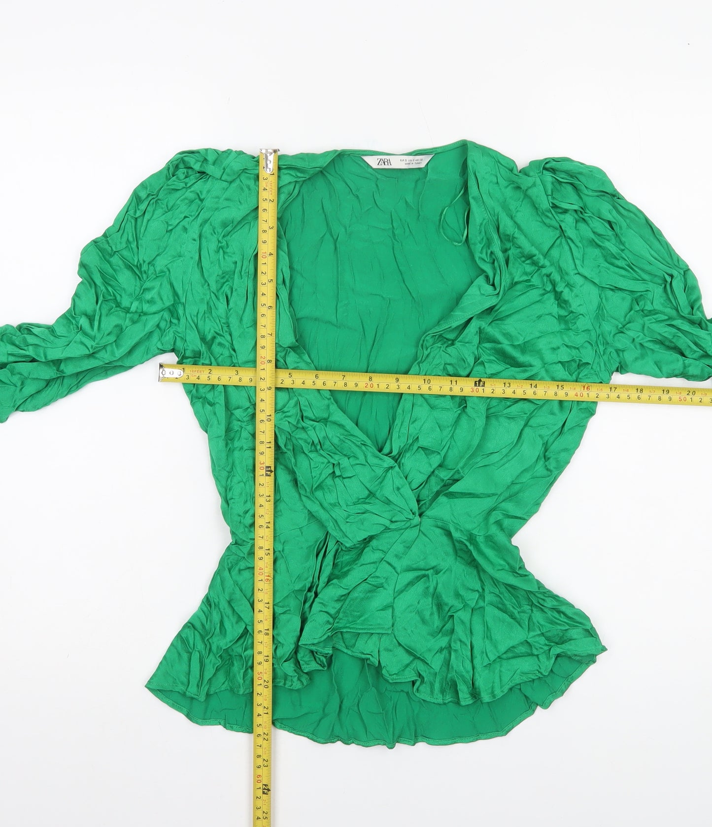 Zara Women Green Wrap Blouse Size S Viscose Long Puff Sleeve