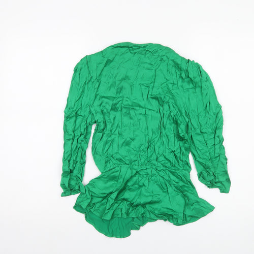Zara Women Green Wrap Blouse Size S Viscose Long Puff Sleeve