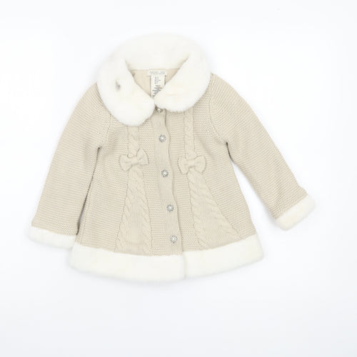 Rachel Zoe Girls Beige Faux Fur Trim Knitted Coat 2 Years Party Winter