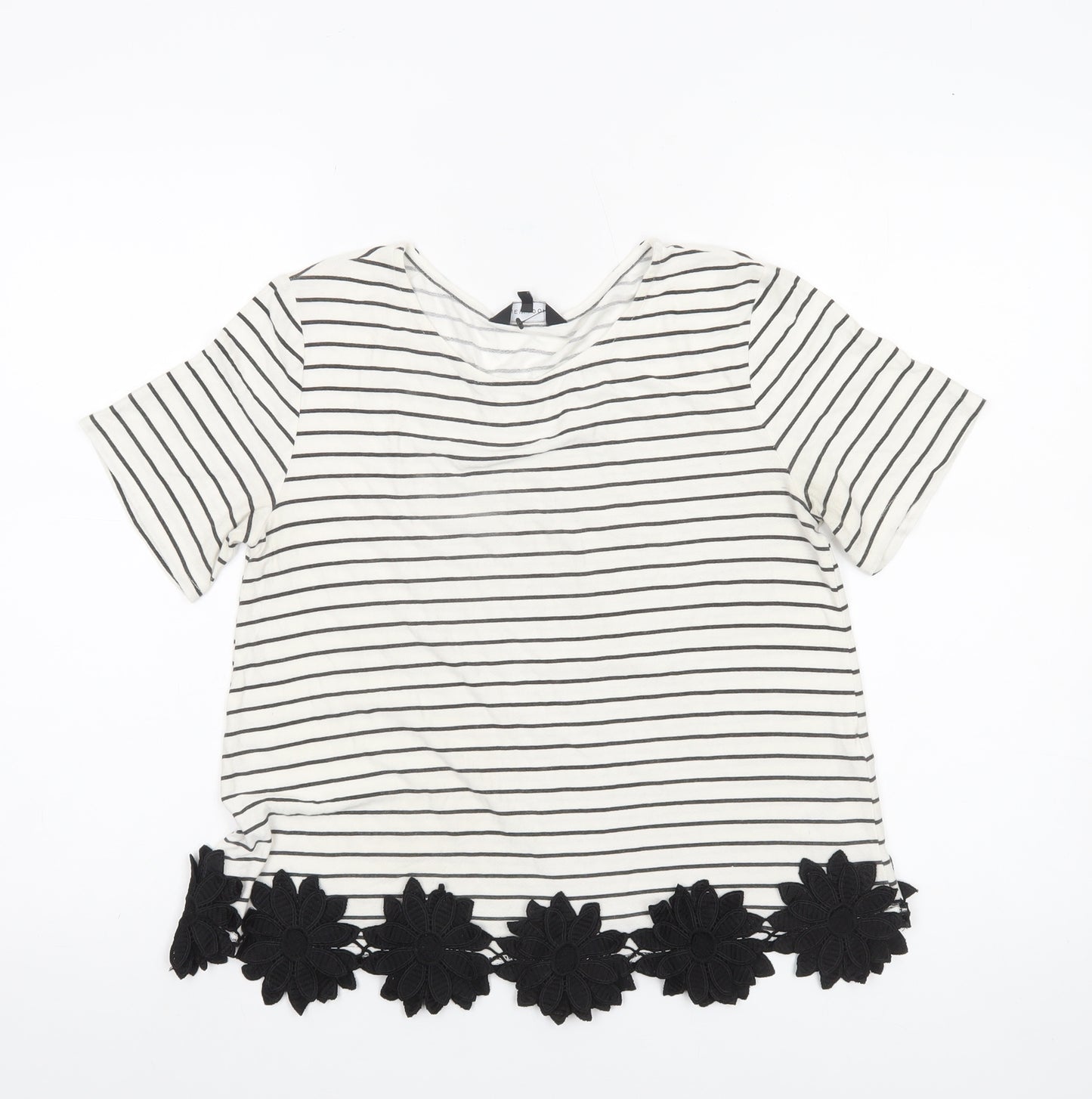 New Look Women’s White Striped T-Shirt Size 8 Short Sleeve Floral Hem