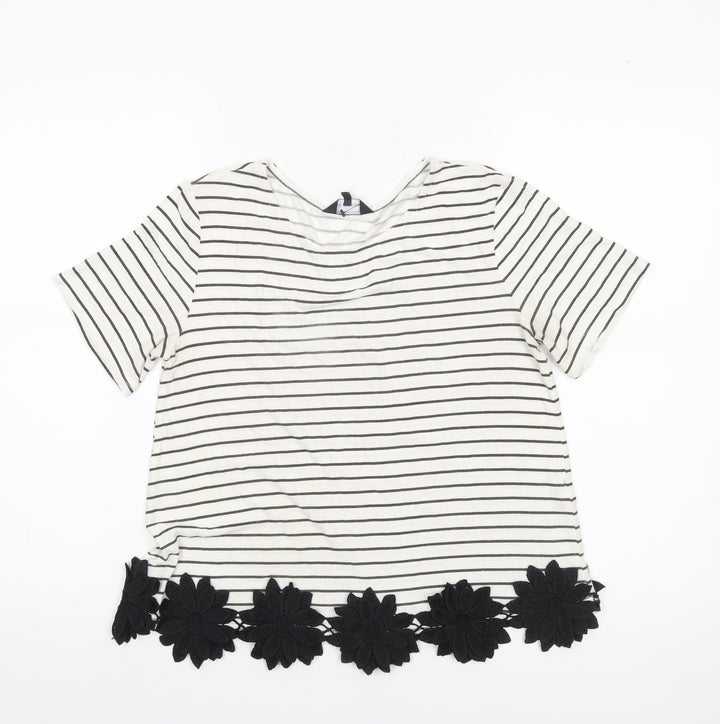 New Look Women’s White Striped T-Shirt Size 8 Short Sleeve Floral Hem