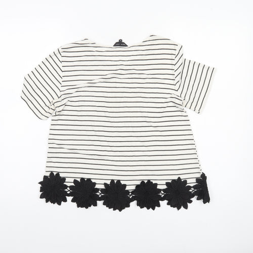 New Look Women’s White Striped T-Shirt Size 8 Short Sleeve Floral Hem