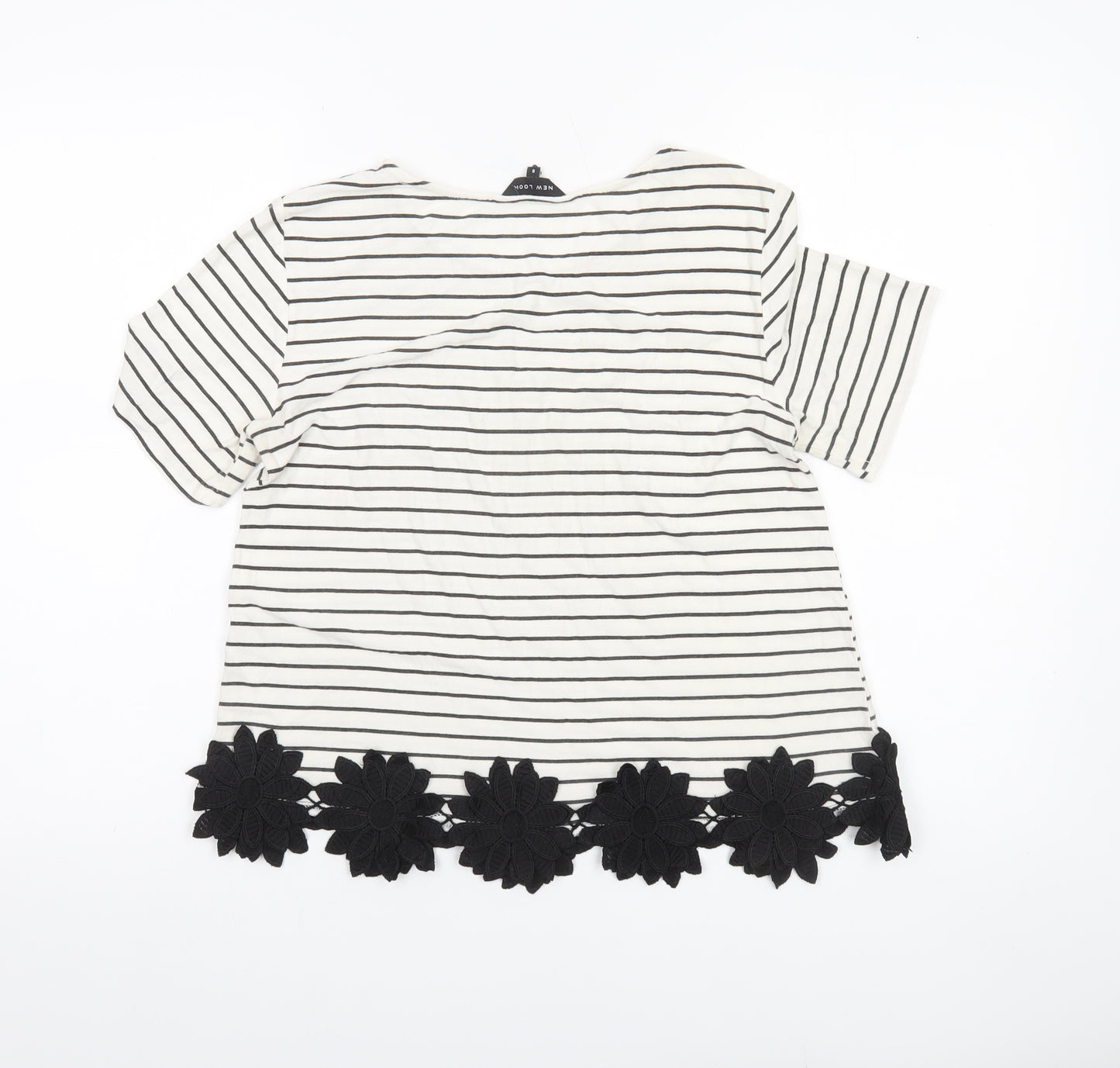 New Look Women’s White Striped T-Shirt Size 8 Short Sleeve Floral Hem