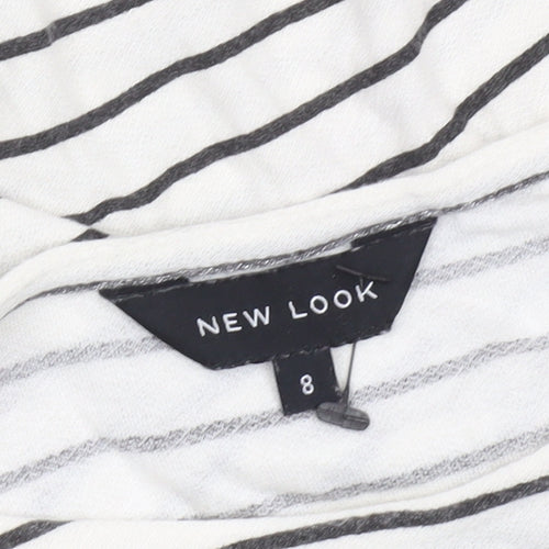 New Look Women’s White Striped T-Shirt Size 8 Short Sleeve Floral Hem