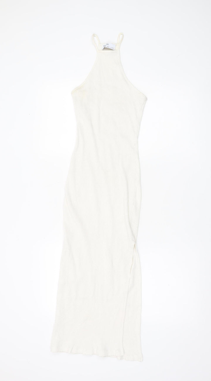 Bershka Women’s White Halter Bodycon Midi Dress Size S Sleeveless