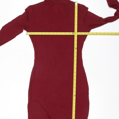 Boohoo Women Red Bodycon Roll Neck Long Sleeve Short Dress UK 10