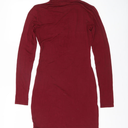 Boohoo Women Red Bodycon Roll Neck Long Sleeve Short Dress UK 10
