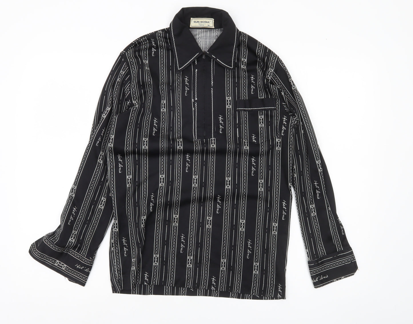 SUN 8COUL Men's Black Striped Button-Up Shirt M Long Sleeve Casual