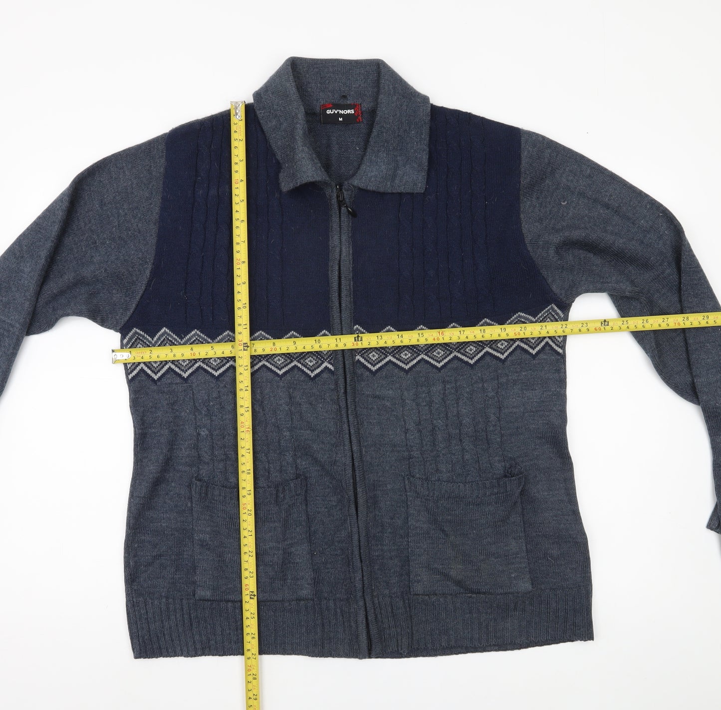 GUV'NORS Men's Blue Geometric Cable Knit Zip Cardigan Jumper M