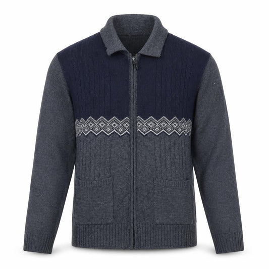 Front view of GUV'NORS Men's Blue Geometric Cable Knit Zip Cardigan Jumper M
