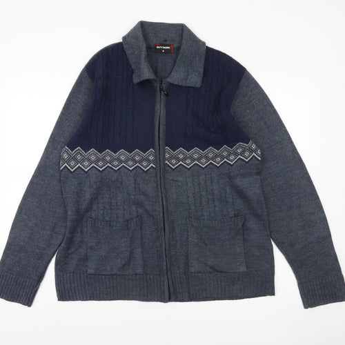 GUV'NORS Men's Blue Geometric Cable Knit Zip Cardigan Jumper M