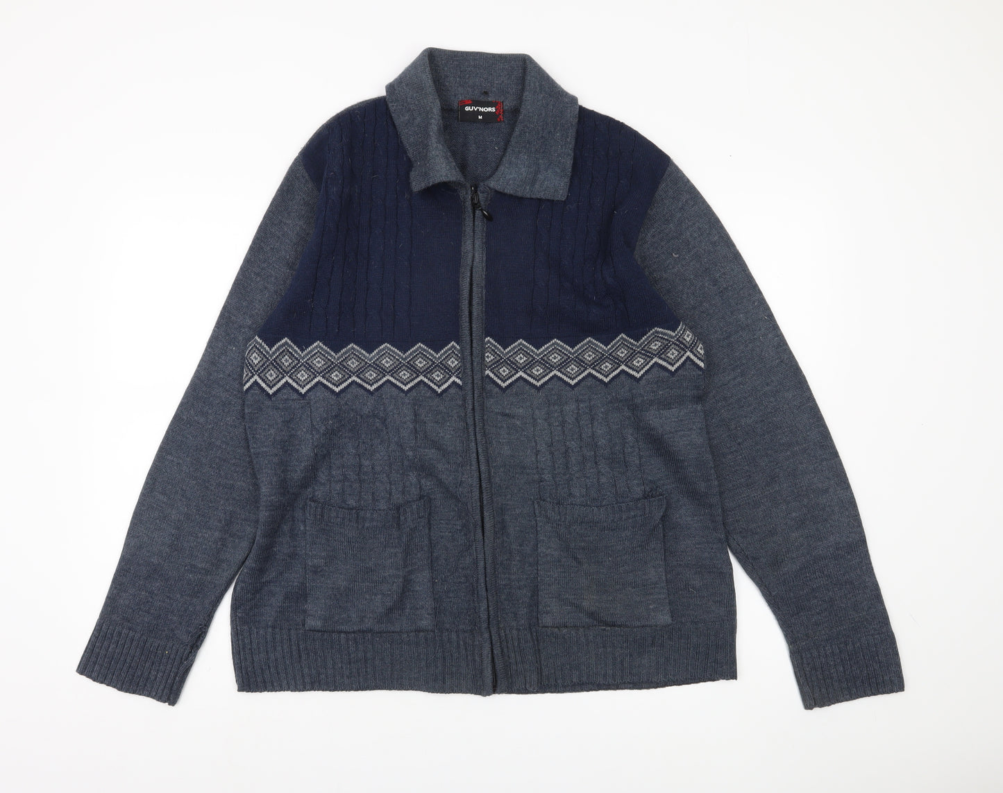 GUV'NORS Men's Blue Geometric Cable Knit Zip Cardigan Jumper M