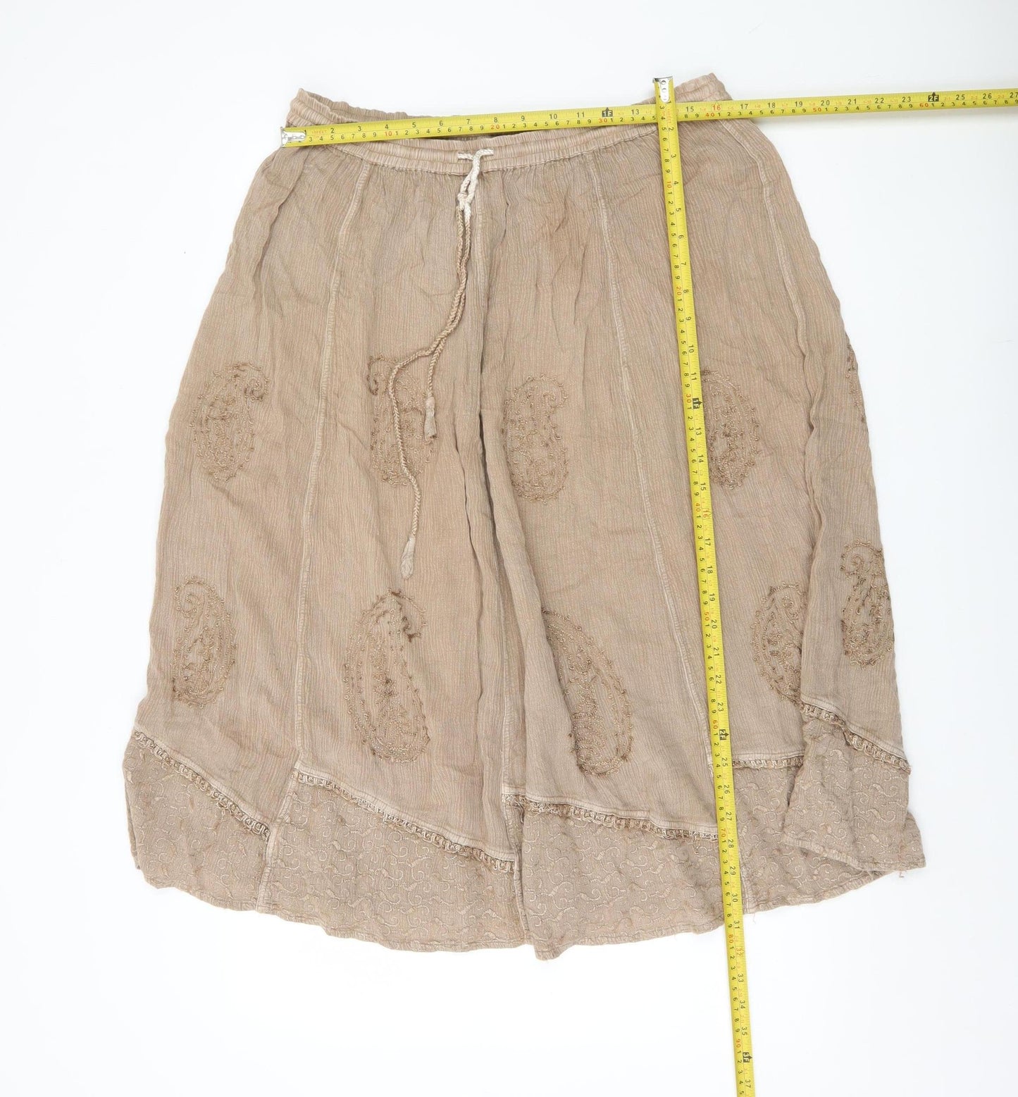 Saloos Women’s Beige Embroidered Viscose A-Line Skirt L Knee Length
