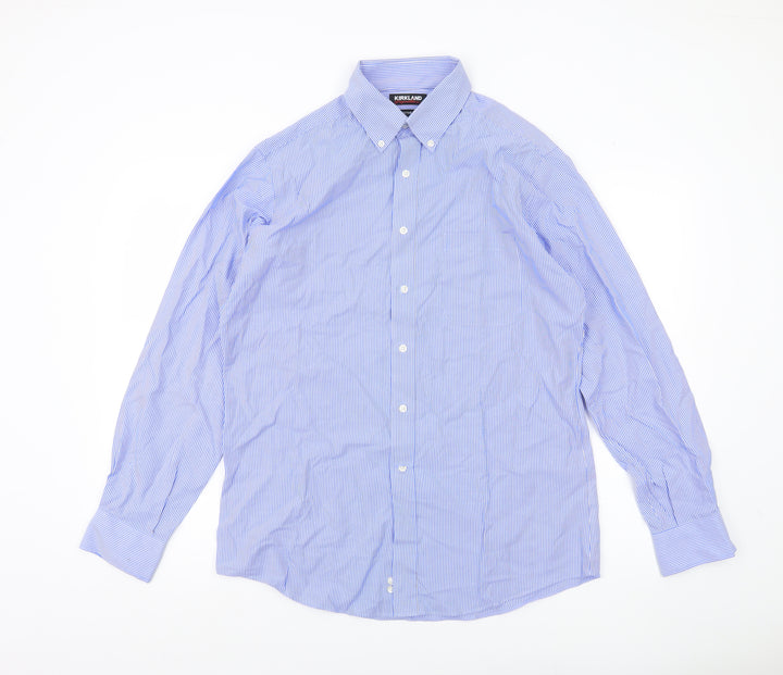 Kirkland Signature Men’s Blue Striped Shirt Size 16 Slim Fit Long Sleeve