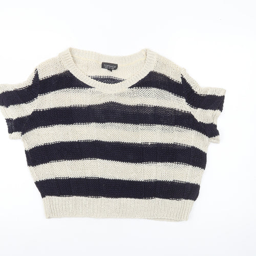 Topshop Women’s Black Beige Striped Knit V-Neck Jumper UK 10