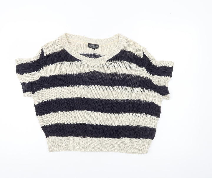 Topshop Women’s Black Beige Striped Knit V-Neck Jumper UK 10