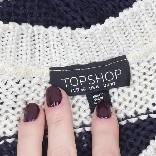 Topshop Women’s Black Beige Striped Knit V-Neck Jumper UK 10
