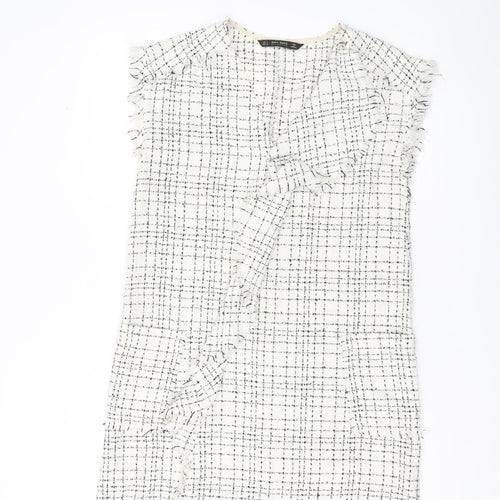 Zara Women White Check Sleeveless Shift Dress Size S Workwear