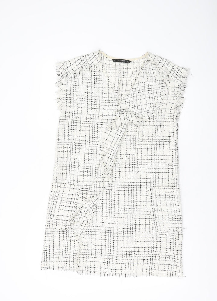 Zara Women White Check Sleeveless Shift Dress Size S Workwear