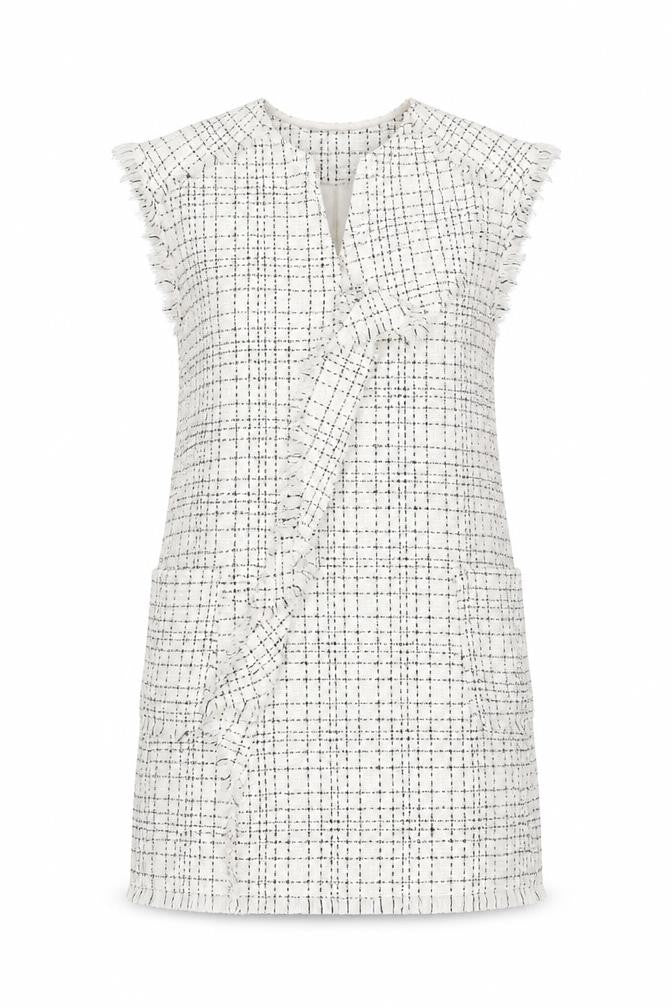 Front view of Zara Women White Check Sleeveless Shift Dress, size S, Workwear