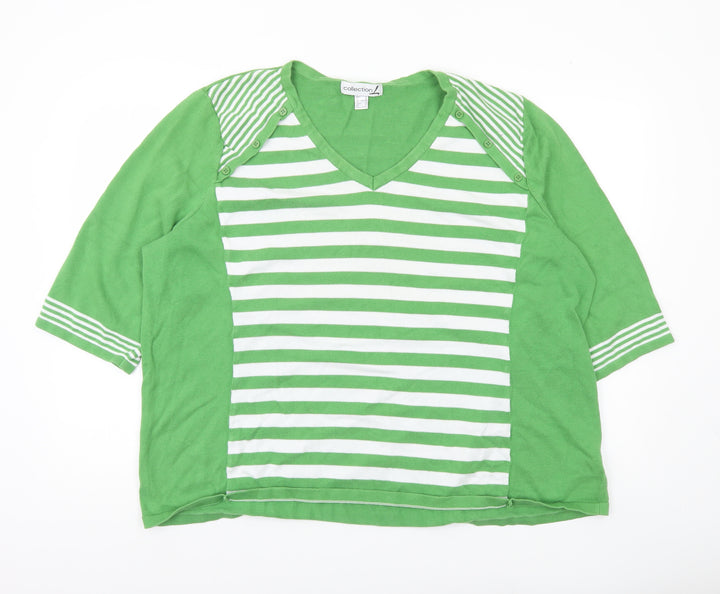 Collection L Women’s Green Striped V-Neck Cotton Jumper Size 28