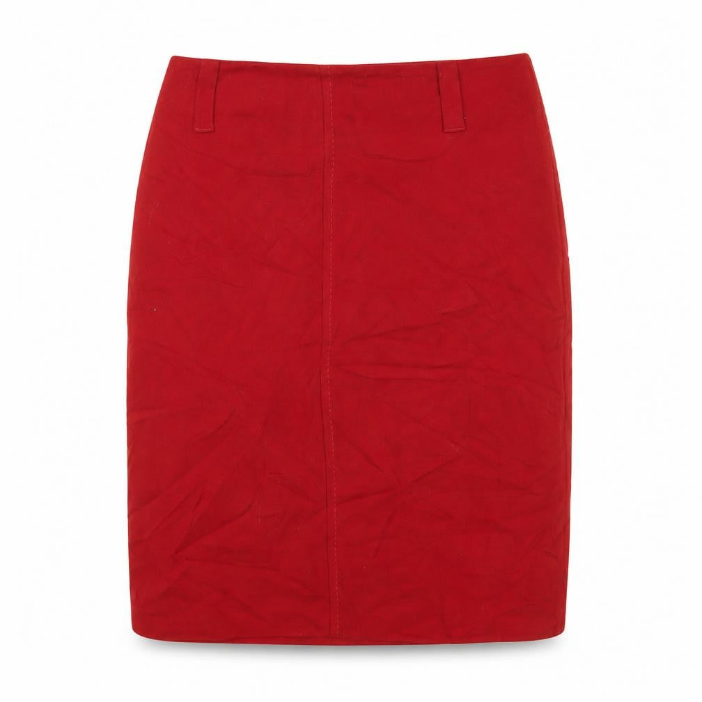 Front view of River Island Women's Red Wool Pencil Skirt, size 10, Knee Length