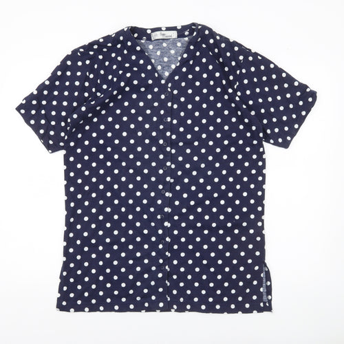Design Essentials Womens Blue Polka Dot Shirt S Short Sleeve Button-Up