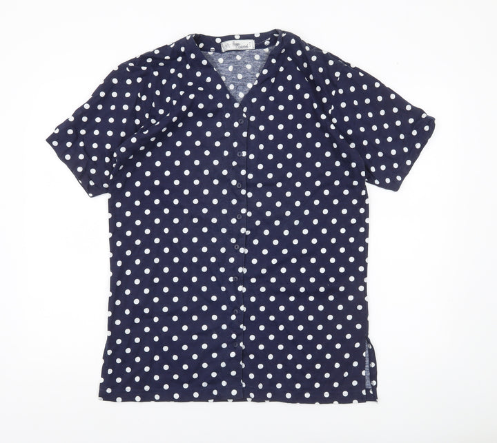 Design Essentials Womens Blue Polka Dot Shirt S Short Sleeve Button-Up