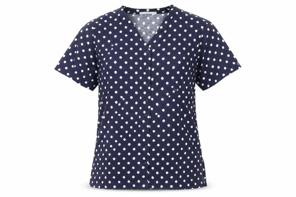Front view of Design Essentials women’s blue polka dot shirt s short sleeve button-up