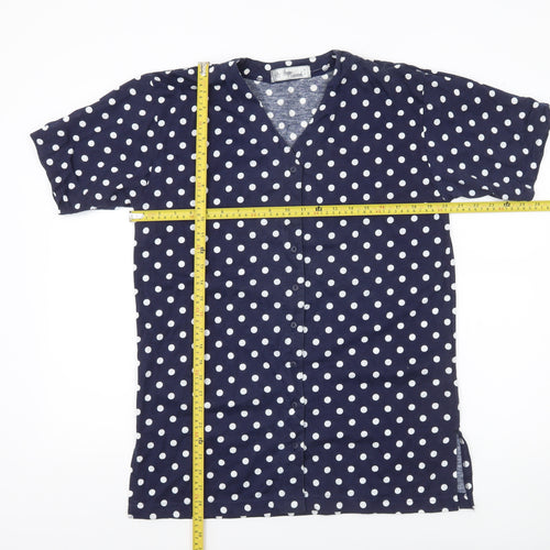 Design Essentials Womens Blue Polka Dot Shirt S Short Sleeve Button-Up