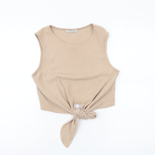 Zara Trafaluc Women’s Beige Cropped Tank Top Size 8 Sleeveless Tie Front