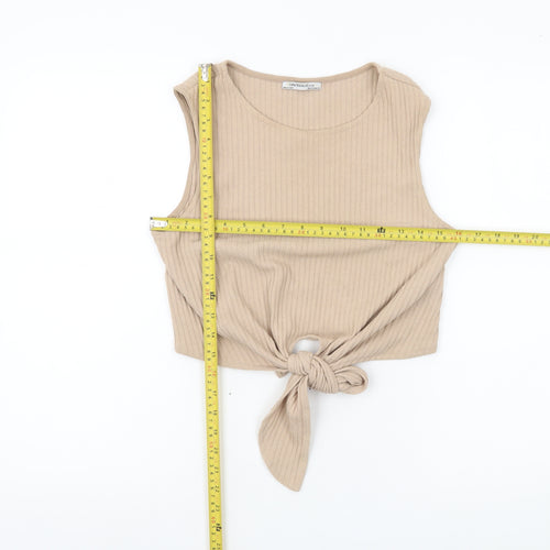 Zara Trafaluc Women’s Beige Cropped Tank Top Size 8 Sleeveless Tie Front