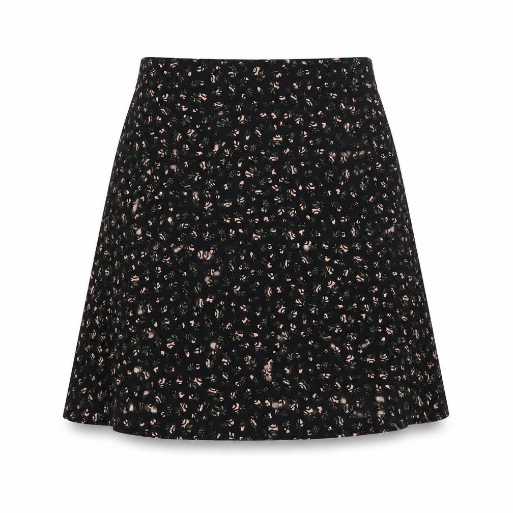 Front view of H&M Divided women’s black floral a-line skirt, size UK 6