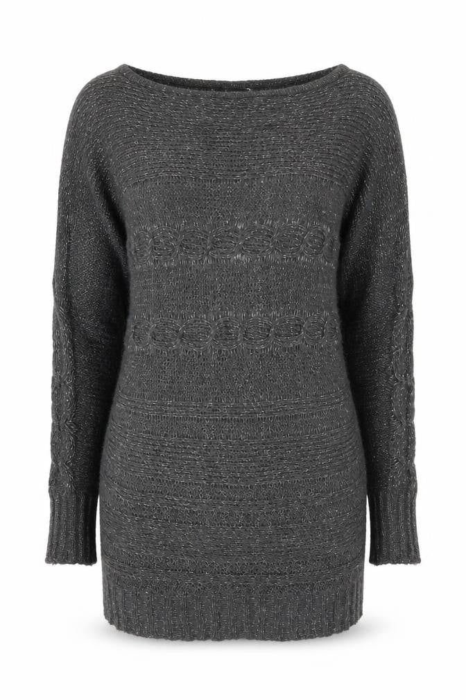 Front view of La Redoute Women’s Grey Metallic Knit Jumper, size UK 8, Scoop Neck Pullover