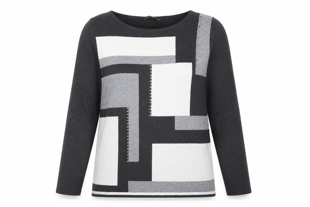 Front view of Bonmarché Women’s Black Grey Geometric jumper, size UK 10