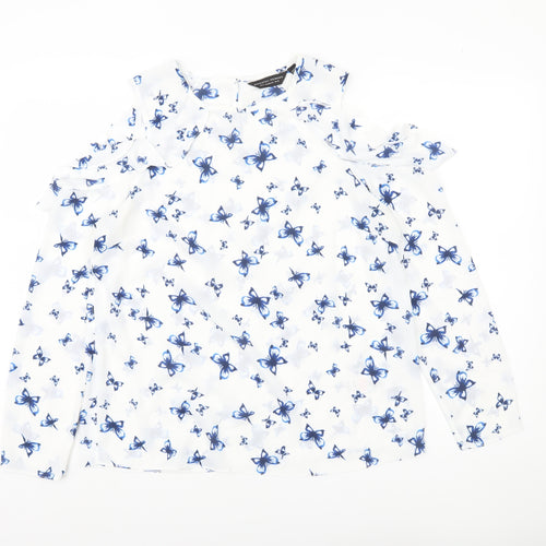 Dorothy Perkins Womens White Butterfly Blouse UK 12 Cold Shoulder Ruffle