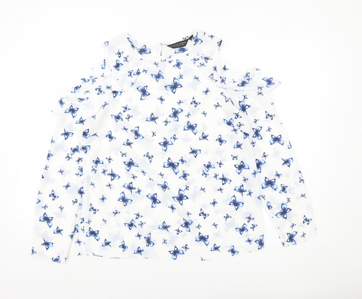 Dorothy Perkins Womens White Butterfly Blouse UK 12 Cold Shoulder Ruffle