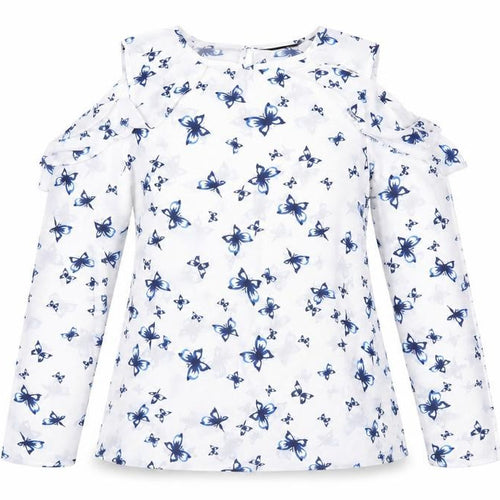 Dorothy Perkins Womens White Butterfly Blouse UK 12 Cold Shoulder Ruffle